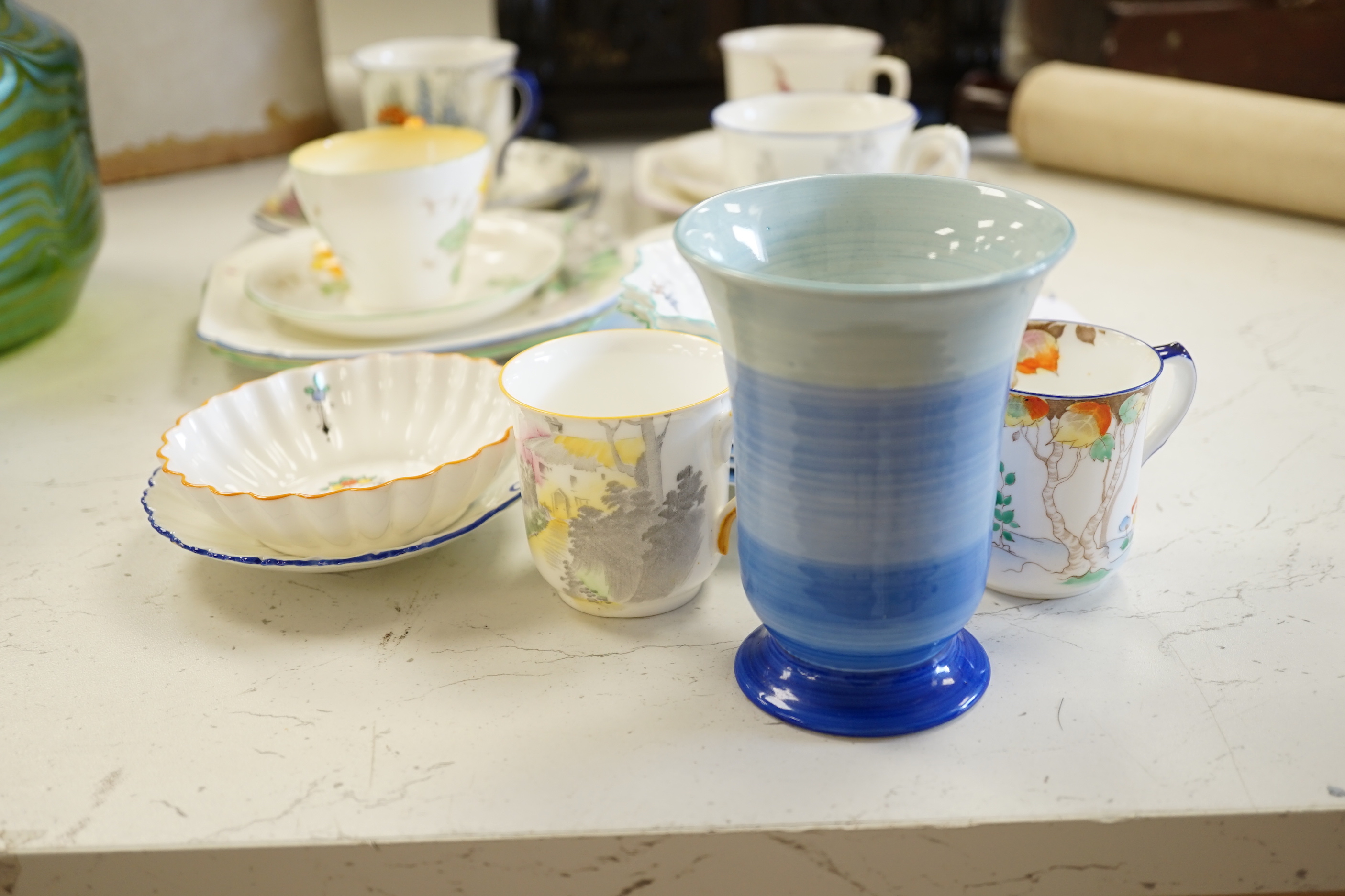 Four Shelley Art Deco trios, and various dishes etc, tallest 12cms high